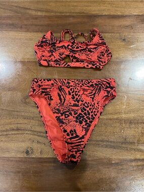 Red Animal Print High-Waist Bikini Set - Women Swim
